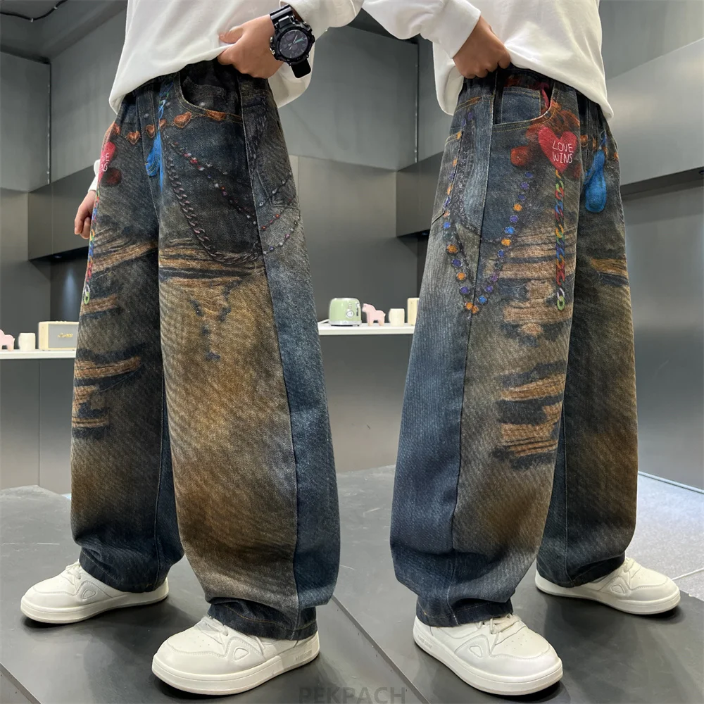 2026 New Autumn Boys' Graffiti Denim Jeans Trendy Cool Print Long Pants Kids Children Streetwear Hiphop Dance Trousers Age 5-14Y