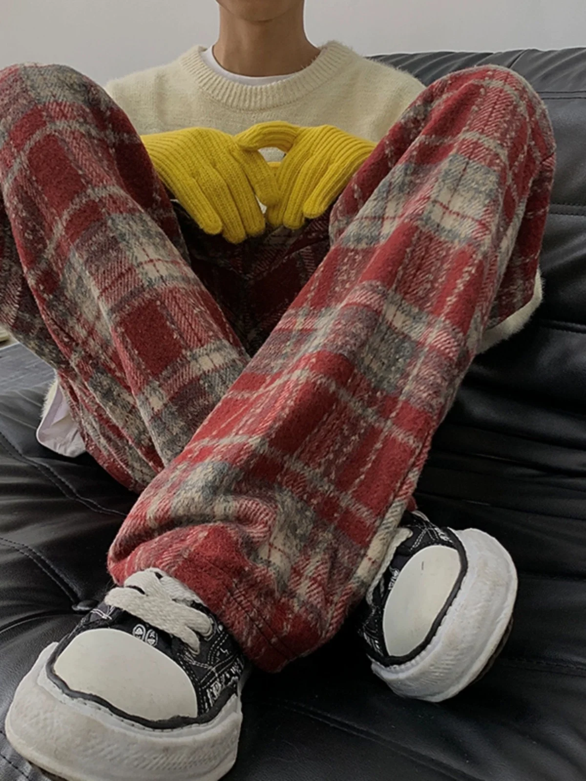 

Thiened Fce Men's Autumn Winter Plaid Pants Drapey Casual Long Trousers Faionable Vintage American Sle Coffee Color ...