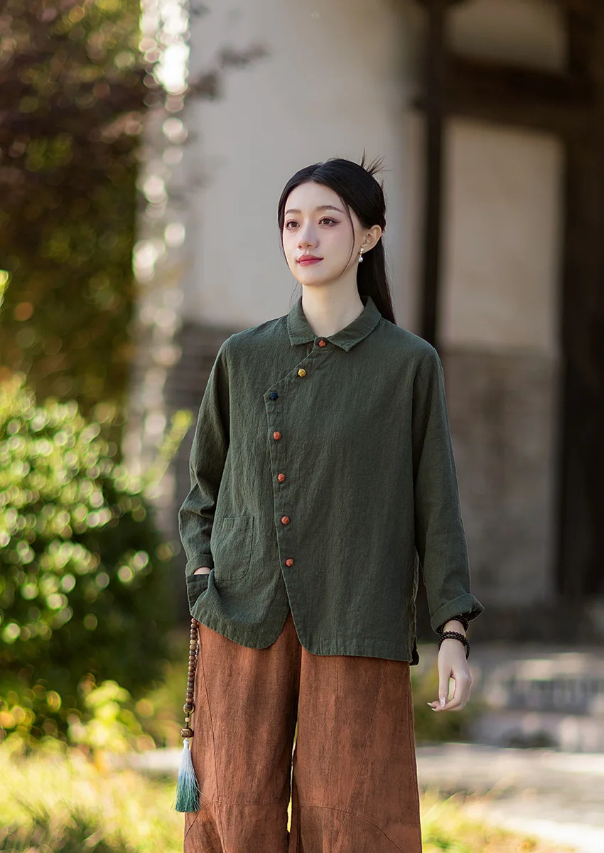 

Хлопково-льняная блузка в стиле бохо с воротником, контрастными вставками и пуговицами, с длинными рукавами, женская хлопково-льняная рубашка