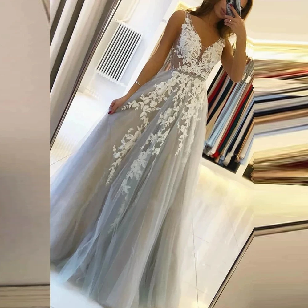 

ANGELSBRISEP V-Neck Sexy Backless Evening Dresses Soiree Robe Flower Beading Appliques Formal Princess Prom Party Dress Zipper