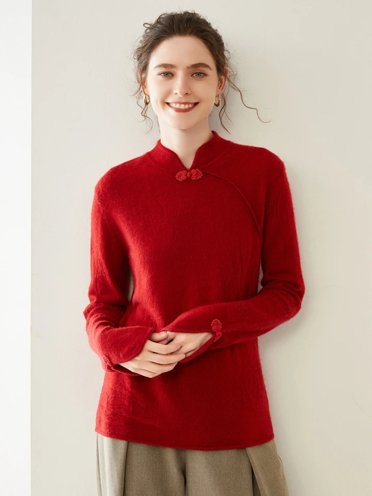 New Chinese Style Standing Collar 100% Cashmere Pullover Sweater Women Solid Jacquard Knitwear Sweaters Slim Elegant Luxury