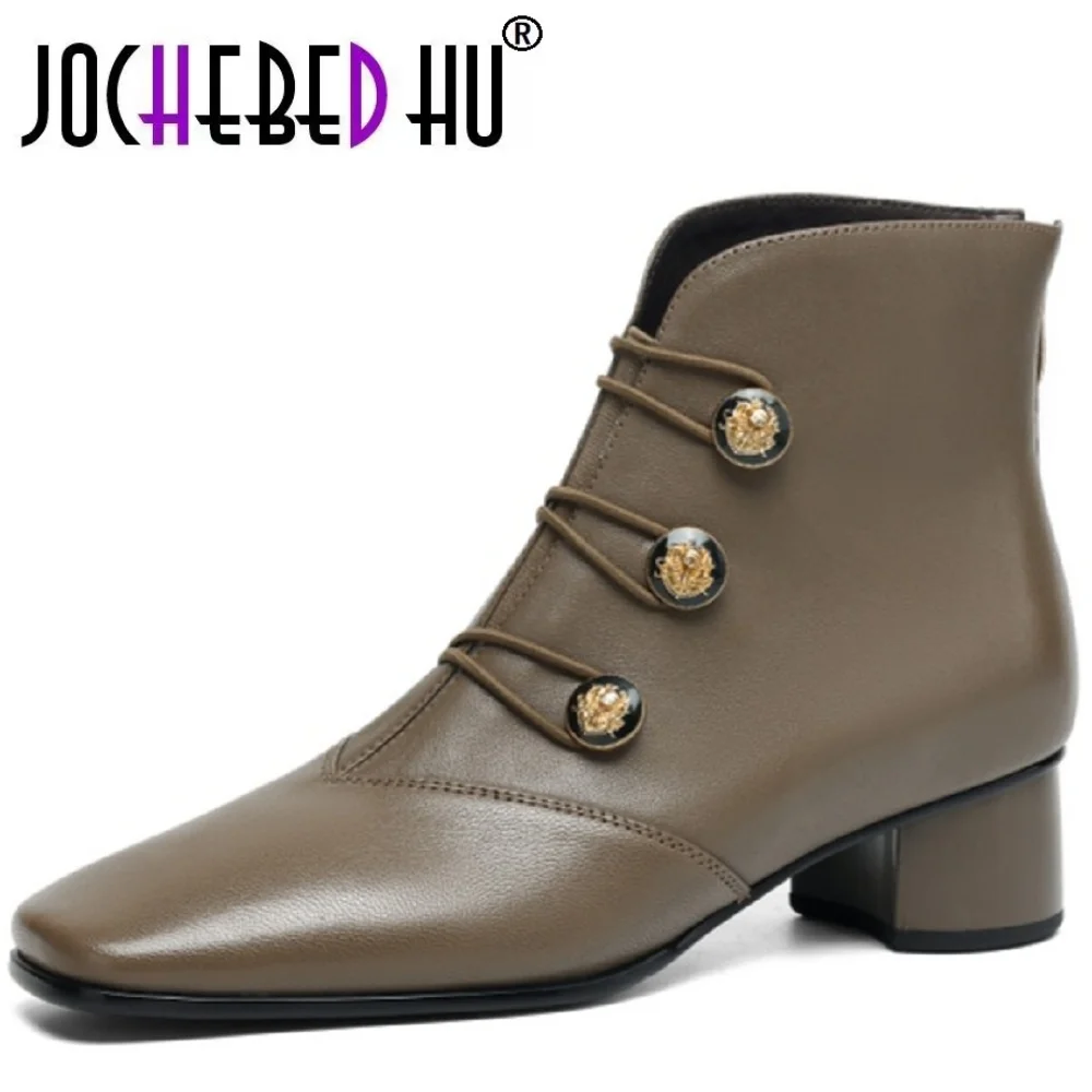 

【JOCHEBED HU】Women Handmade Genuine Leather Soft comfortable Ankle Boots Chunky Mid Heels designer Sexy Boots 34-40