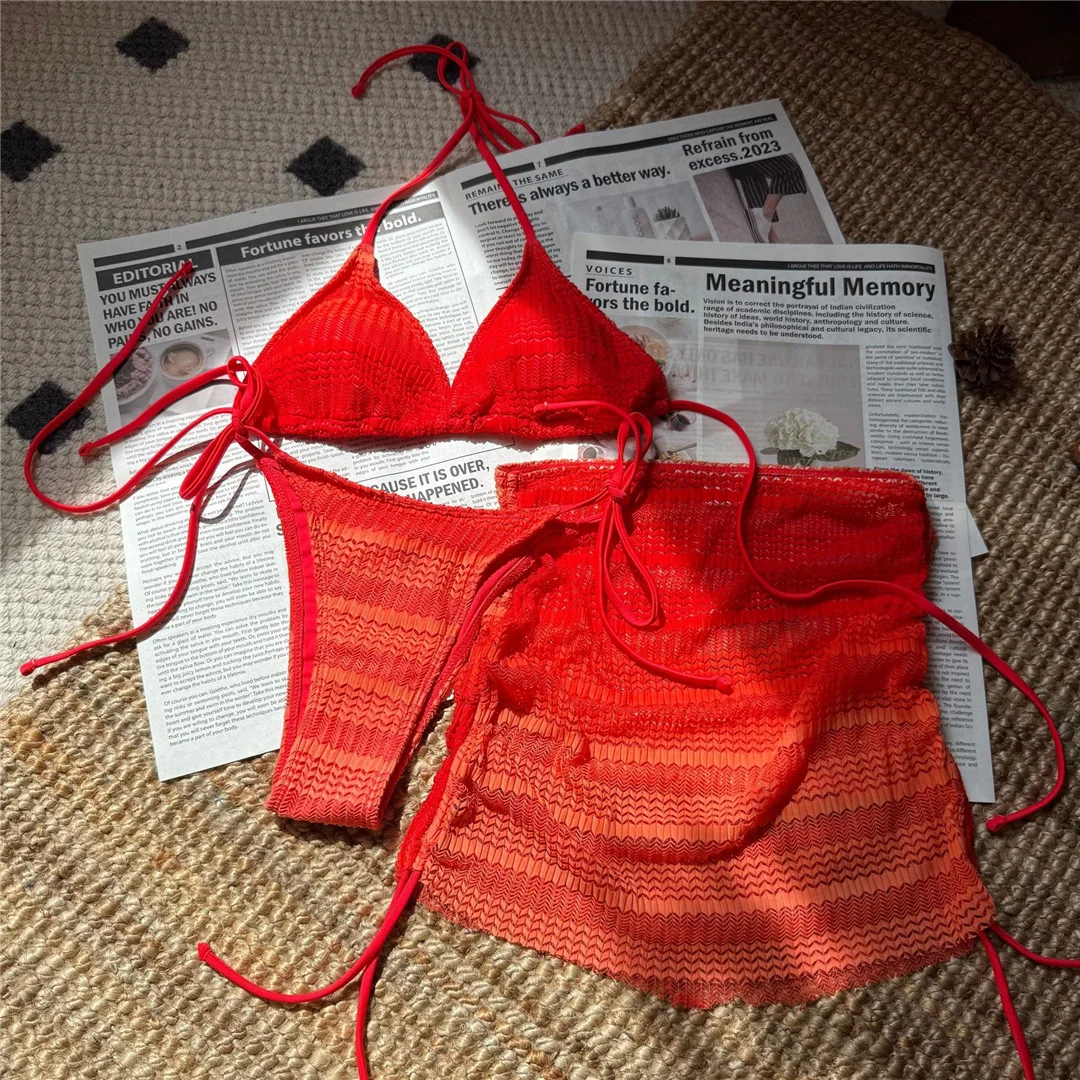 Rosa 3-teiliger Bikini mit Rock, Farbverlauf, Damen-Badebekleidung, Badeanzug, dreiteiliges Bikini-Set, gepolsterter Badeanzug, Badebekleidung, Schwimmbekleidung V6696 – Detail 14