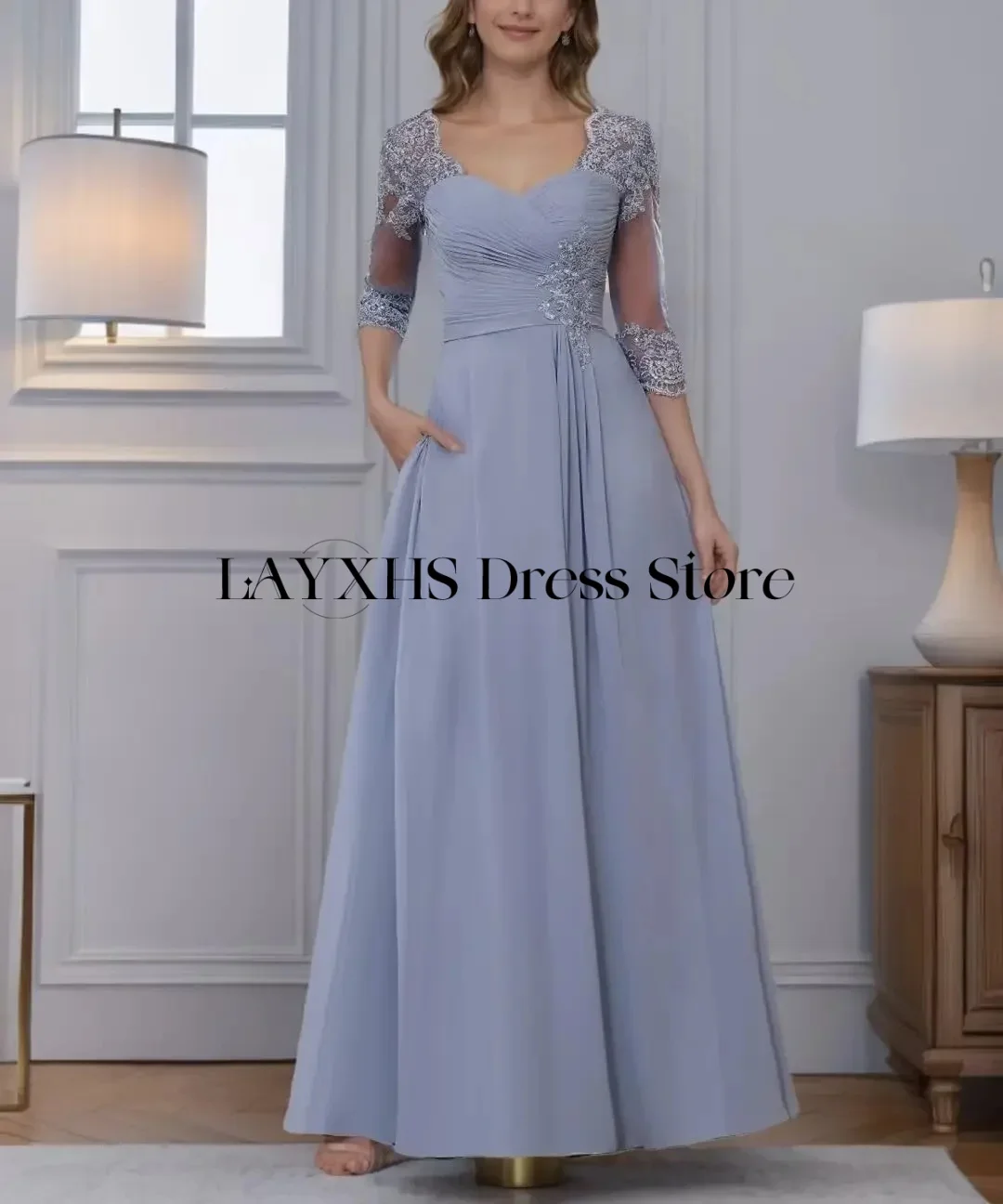 Layxhs alta qualidade pescoço quadrado mãe da noiva casamento 3/4 mangas apliques plissado vestidos de baile personalizados