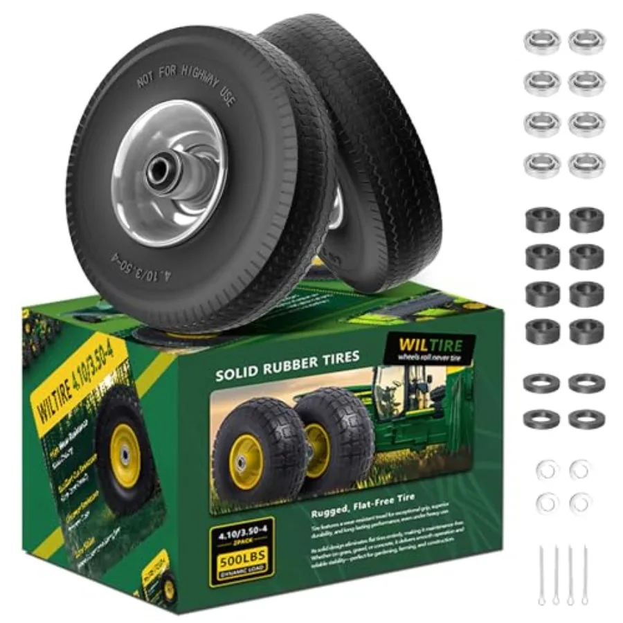 

2 Pack 4.10/3.50-4 Flat Free Tire and Wheel 10-Inch Solid Wheel Replacement with 5/8 Extra 3/4 and1/2 Bearings2.2" Offset Hub -