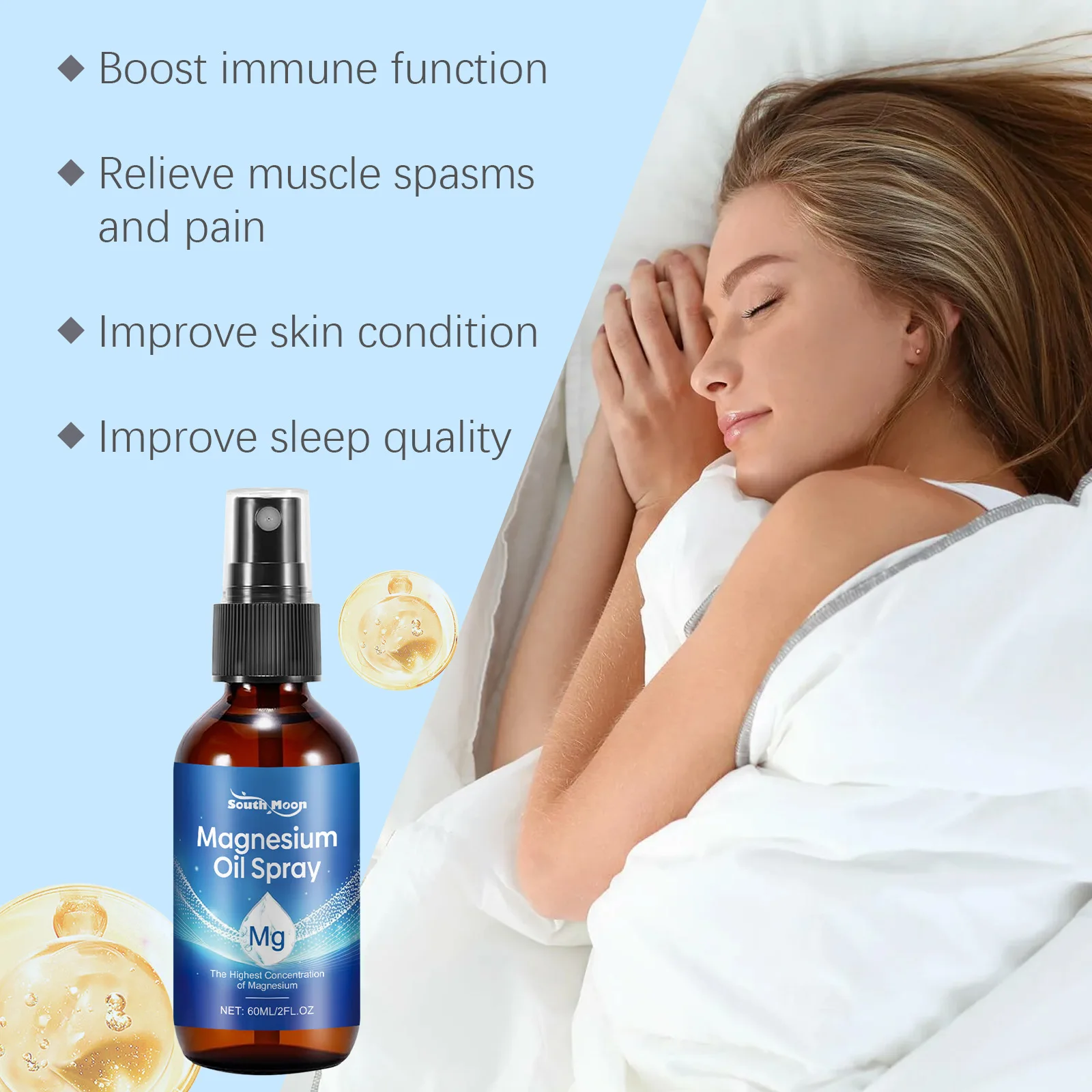 Magnesium Oil Spray Relief Headache Fatigue Stress Treatment Insomnia Diabetes Improve Sleep Quality Relax Body Massage Essence