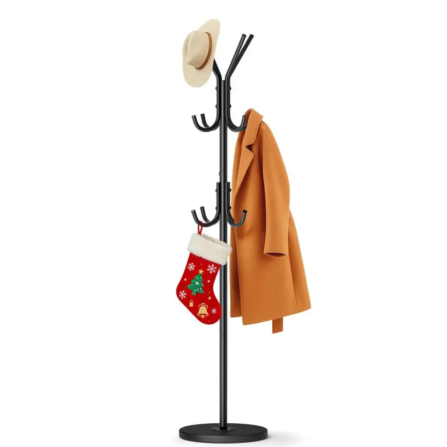 

Heavy Duty Coat Rack Freestanding with Stable Wood Base Modern Black Coat Tree with 12 Hooks Adjustable Coats Hanger Stand Styl