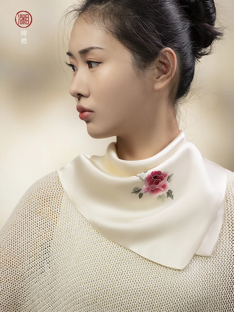 

Handcrafted Silk Scarf with Button Embroidered Air Stewardess Style Large Shawl Square Scarf 55 Cm Traditional Chinese Style