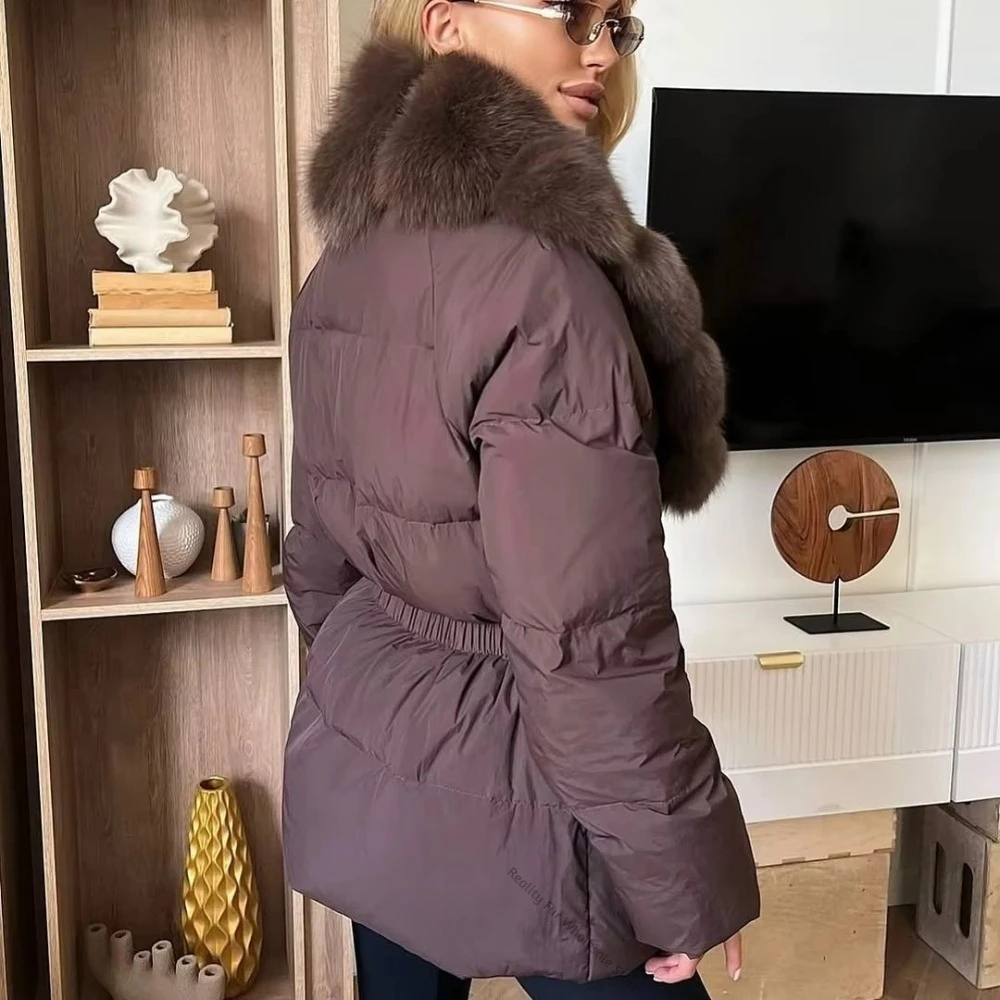 Parka with Fur Thick Voluminous Plush Fur Outerwear Hooded Belted Duck Down Padding Women Luxury Ultra Warm for Street Style