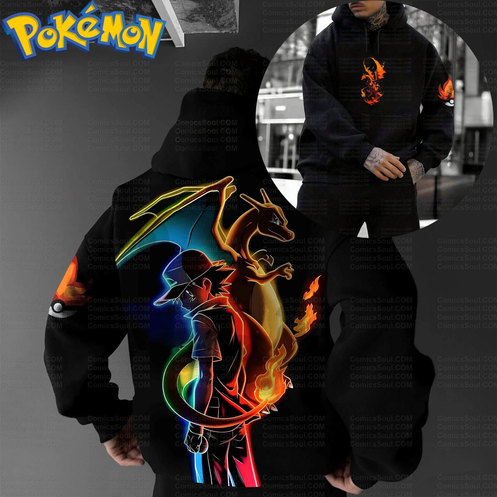 Ensemble sweat à capuche et pantalon Pokemon noir, en coton, personnage Charizard imprimé avec dos de flamme Orange, tenue décontractée Harajuku