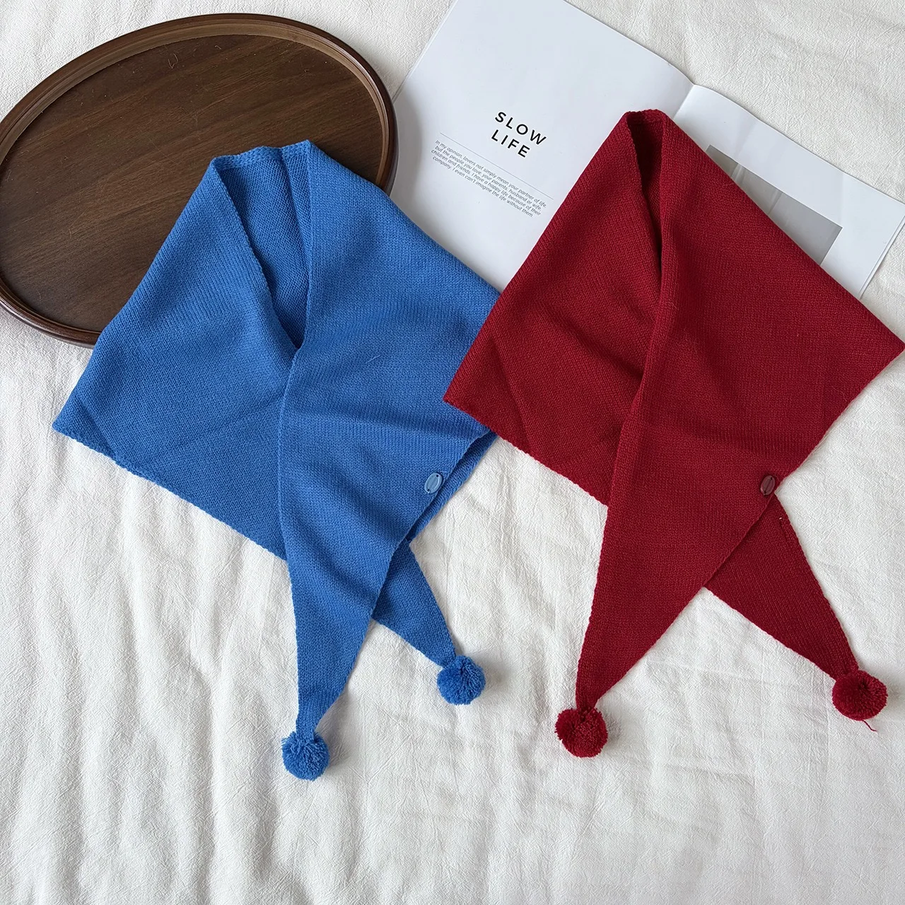 Women Knitted Triangle Hijab Scarf With Pom-pom Soft Solid Color Turban Headscarf Adjustable Button Muslim Head Wrap Daily Wear