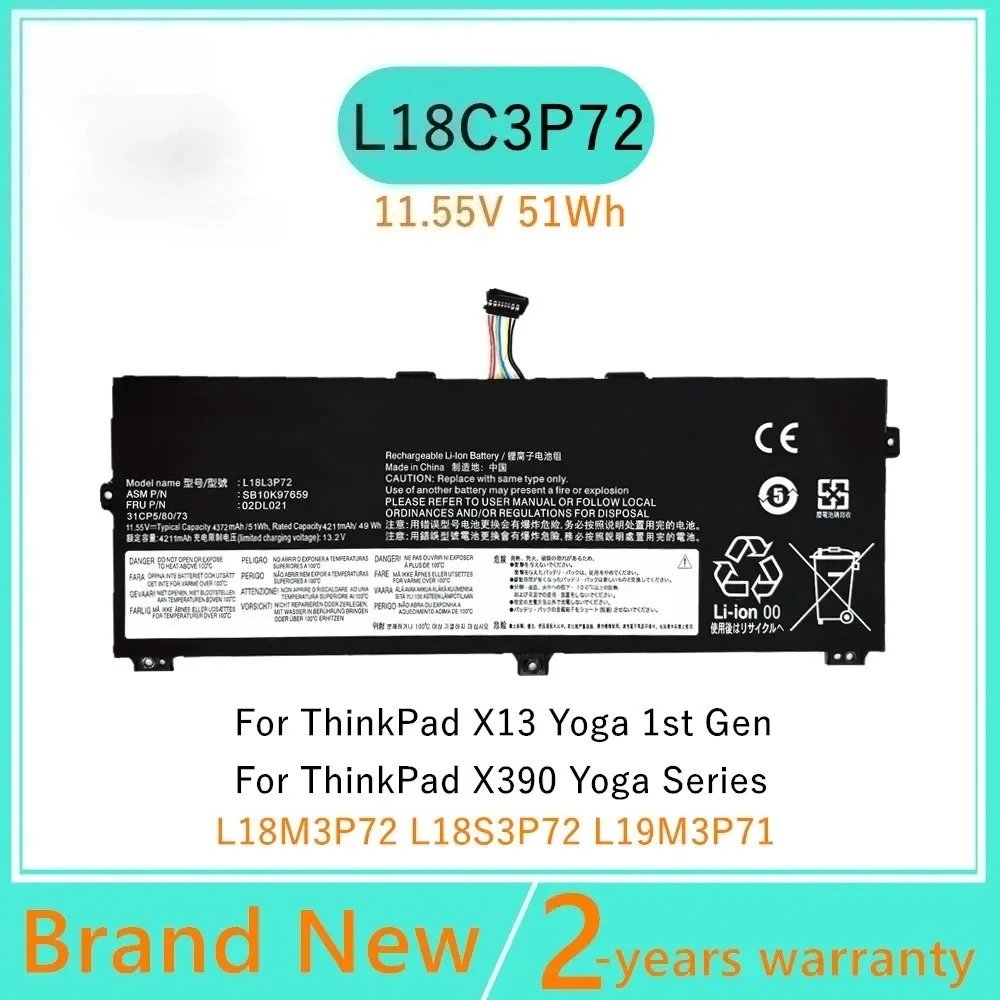 L18L3P72 Laptop Battery for Lenovo ThinkPad X390 Yoga X13 Yoga 1st Gen (2020) Series L18M3P72 L18S3P72 L19M3P71 02DL022