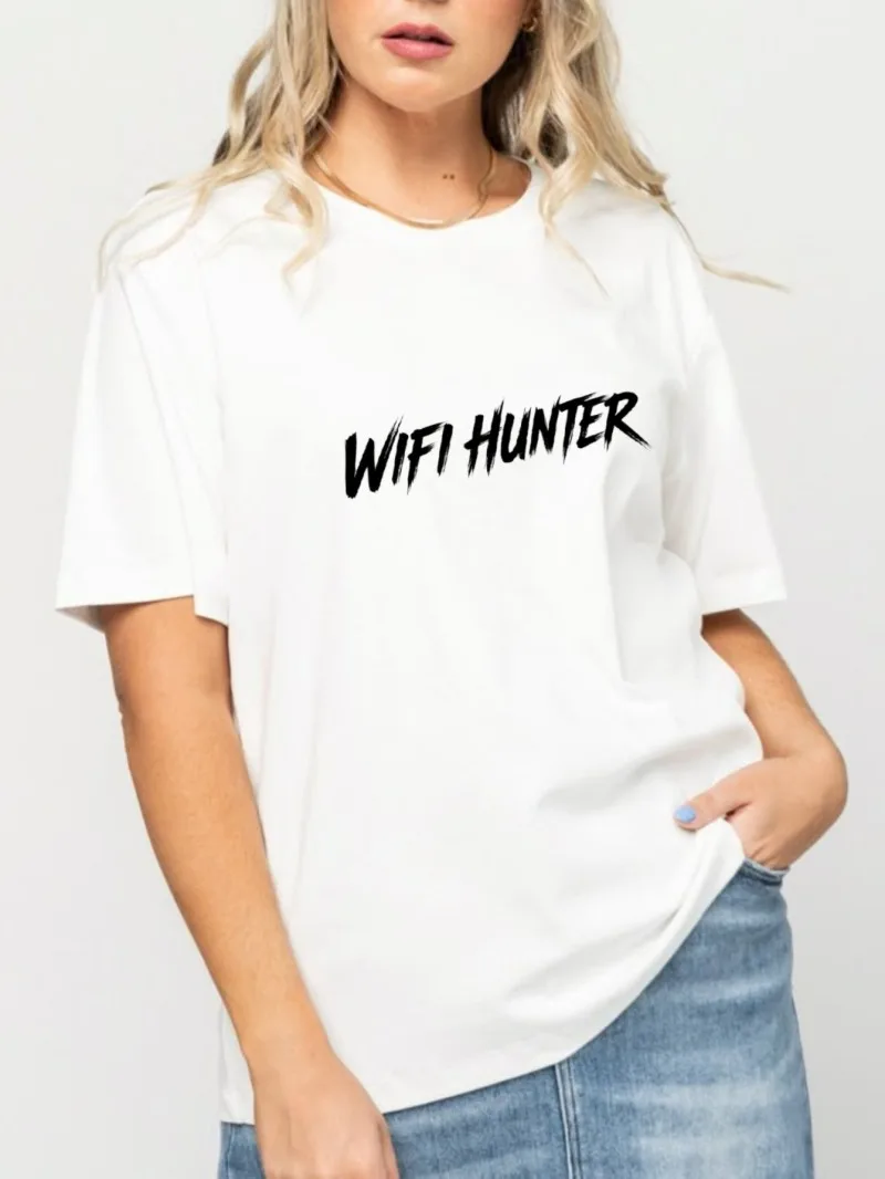 تي شيرت أبيض مطبوع بأكمام قصيرة للنساء، تصميم نص مطبوع WIFI HUNTER، قمة الموضة للارتداء اليومي #2