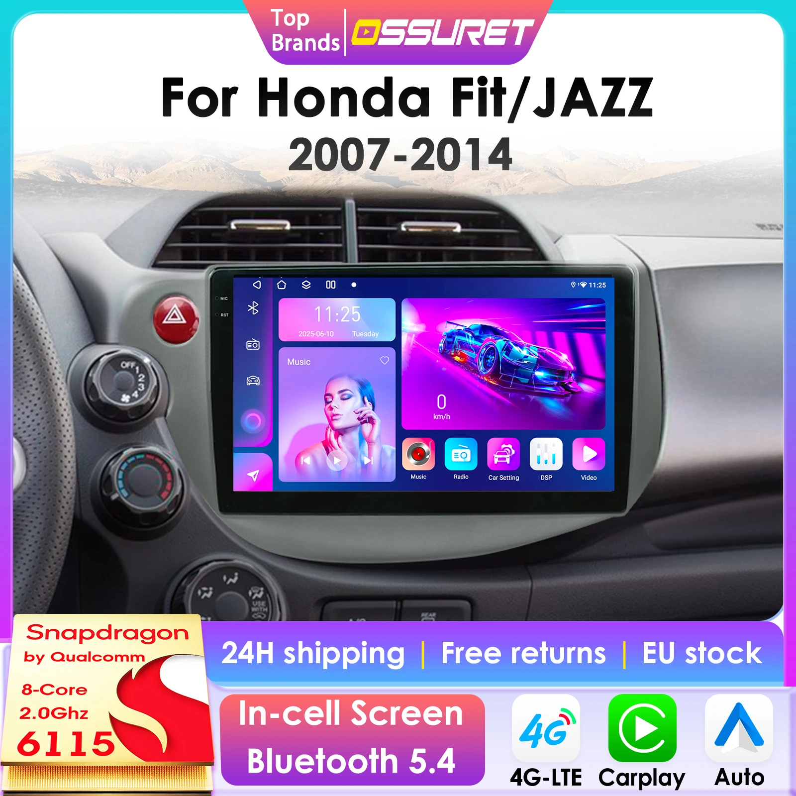 Kabelloses CarPlay Android Auto Autoradio für Honda Jazz Fit 2007-2014 Intelligente Systeme GPS Multimedia Stereo Touchscreen 6115