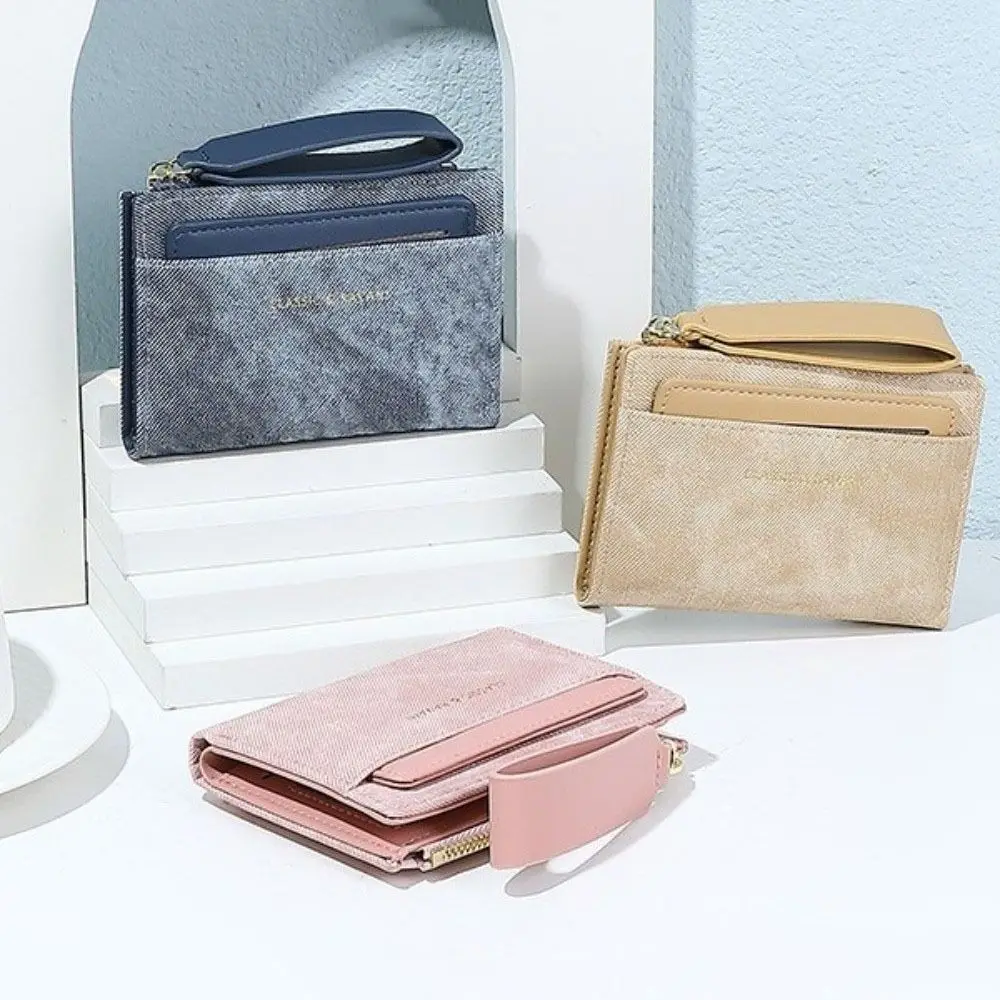 Wrist Rope Pouch Solid Color Folding Wallet Multiple Card Snap Button Women Short Wallet Classic Korean Style PU Card Bag Daily
