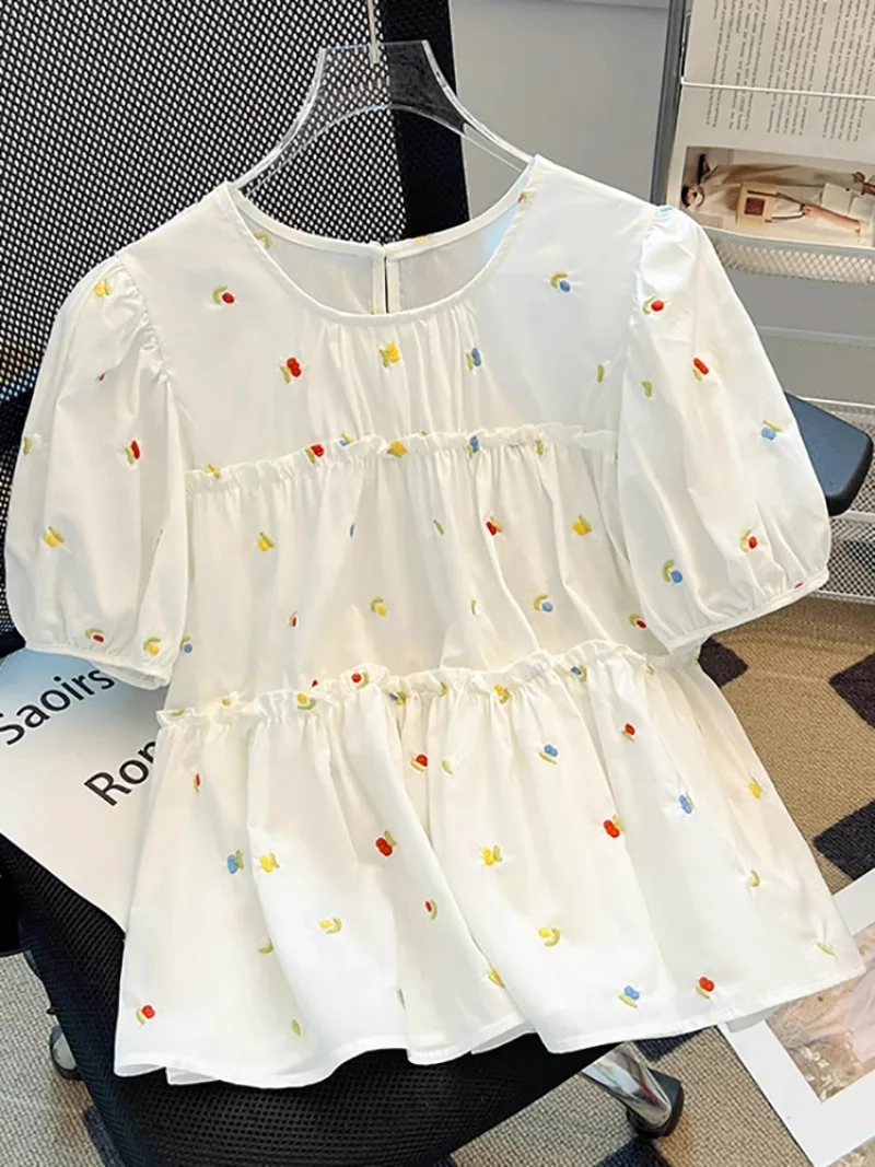 

Vintage Summer Blusas Mujer De Moda 2024 O Neck Puff Sleeve Loose Sweet Blouses Embroidery Design Sense Women Clothing Shirts