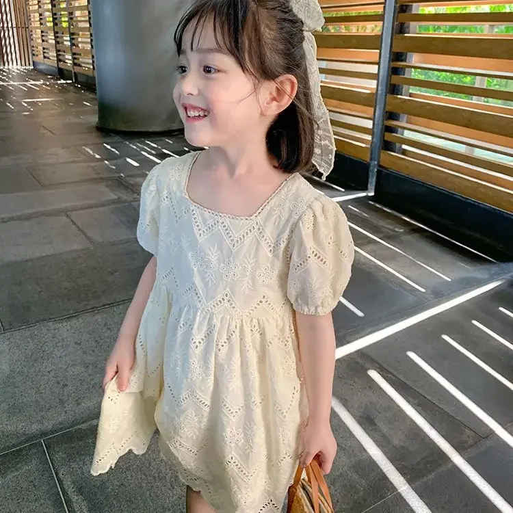 Girls' Dress Summer Women's Treasure Korean Style  Western Style Lace Short Sleeved Children's Summer Princess Dress