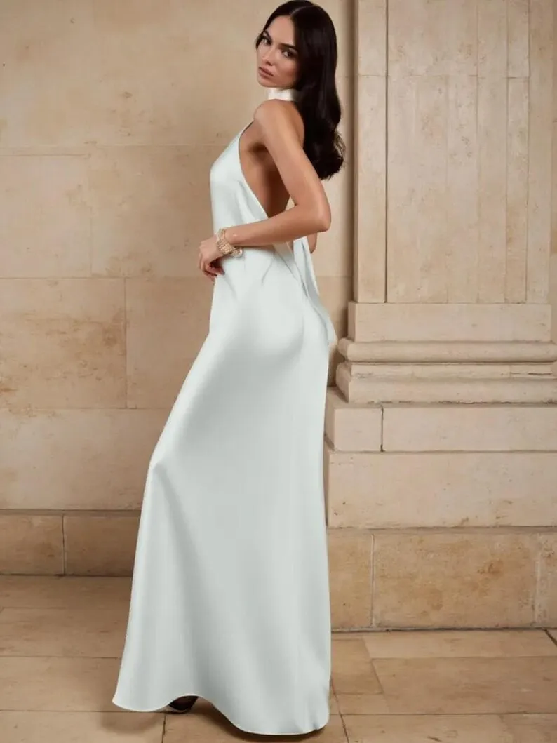 فستان أنيق من الحرير برقبة رسن لملابس السهرة للنساء بدون أكمام فستان وصيفة العروس أنيق متين بدون ظهر فستان رسمي طويل