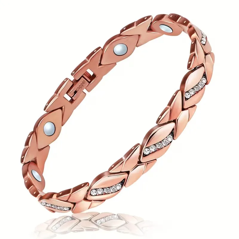 Vintage-Armband aus reinem Kupfer mit starkem Magneten für Frauen, Blattform mit CZ-Einlage, Kette, Party-Schmuck, Geschenke – Detail 2