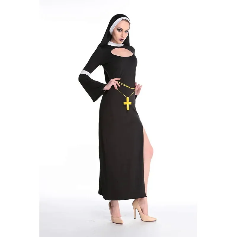 

Adult Women Sexy Halloween Nun Costume Female Black Halloween Dress Party Sexy Cosplay Priestess Long Nun Costume A333