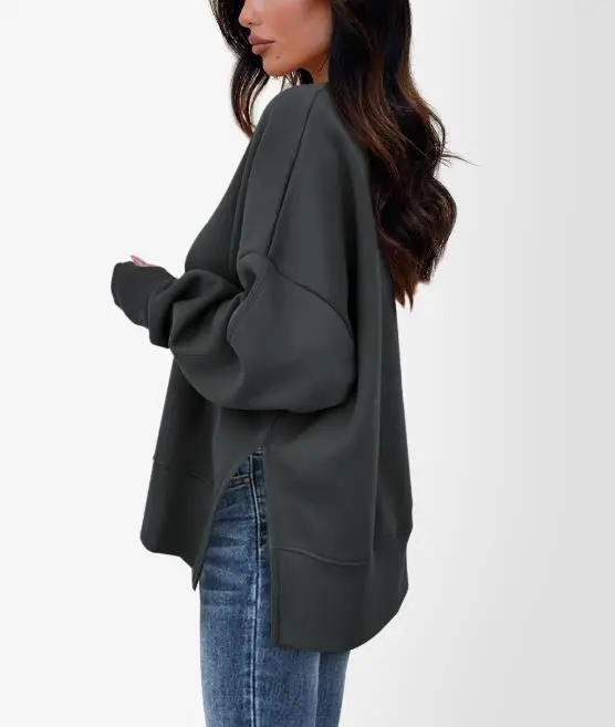 

Women's Loose round Neck Knitted Sweatshirt Casual Autumn Winter Pullover Top with Slit Sports Style Clothing
