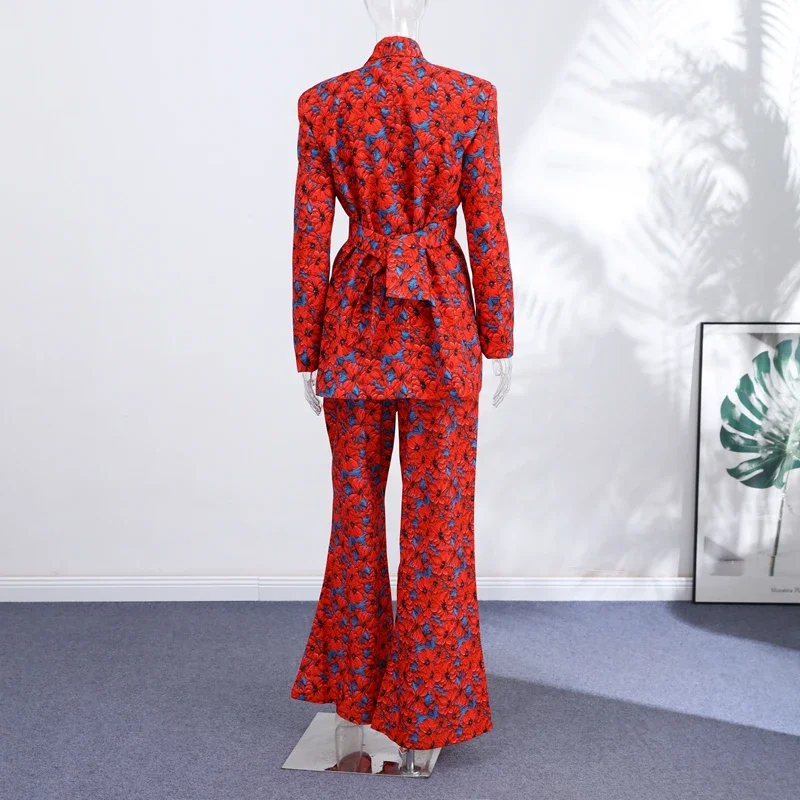 Modisches Damen-Blazer-Set mit Print, 2026, Langarm, Gürtel, V-Ausschnitt, Tailliert, Schlanke Damenjacke, Weite Hose, 2-teiliges Set – Detail 3