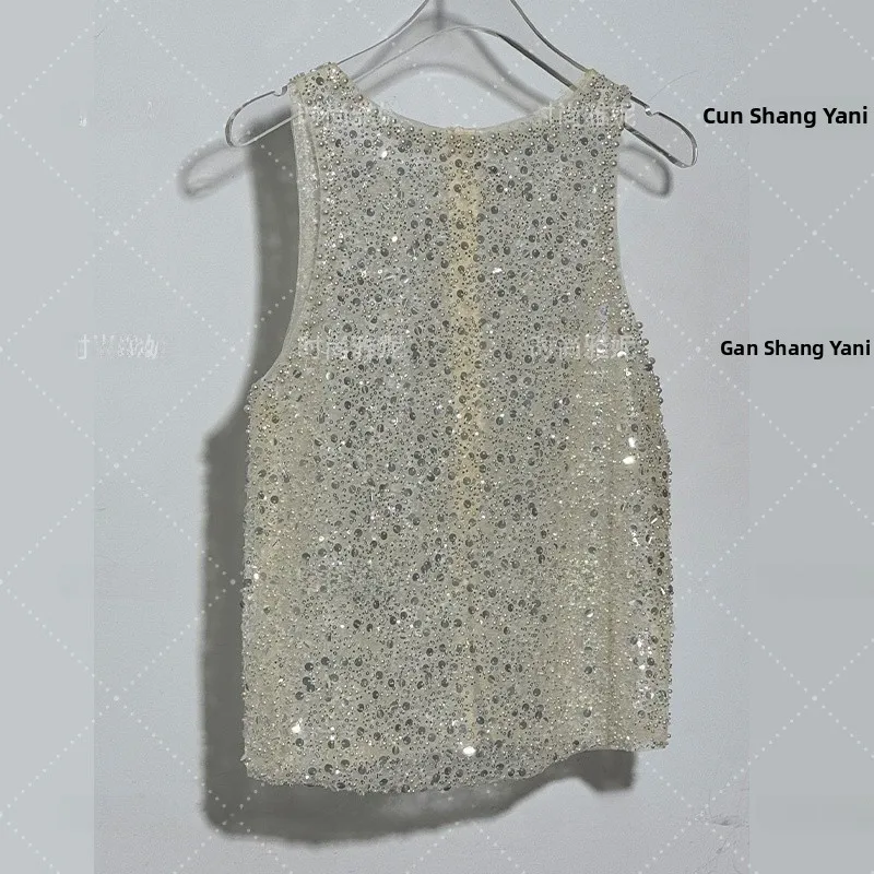 

Faionable Yan Heavy Embellied Pearl Embroidered Svel Top Women Sexy Spicy Pearls Studded Apricot Color Small irt