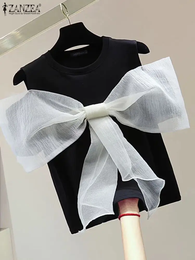 

Women Fashion Sleeveless Patchwork Tank Tops ZANZEA Korean Sweety Bow Tie Tanks 2024 Summer Round Neck Tops Holiday O-neck Vests