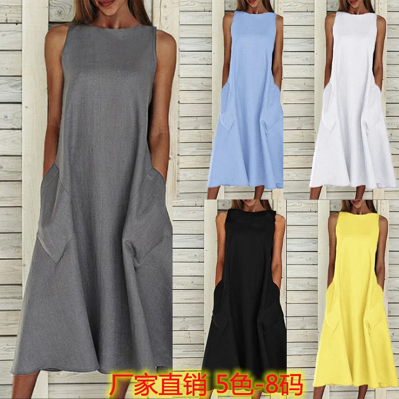 Cotton Linen Oversized Boutique Ethnic Greek Style Long For Spring And Summer Women's Sleeveless A-Line Dress