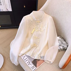 Vintage Embroidery Button Puff Sleeve Shirts Women Clothing 2024 Spring Summer New Loose Office Lady Tops Chinese Style Blouses