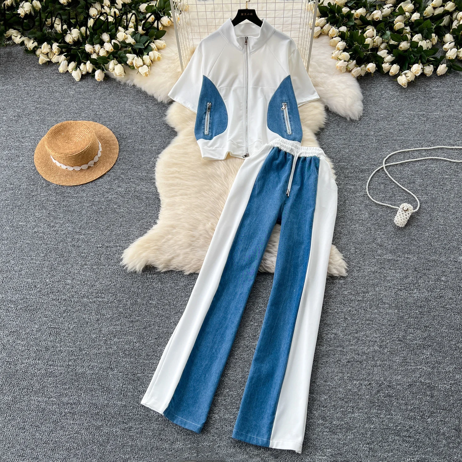 

Contrast Denim 2 Piece Sets Woman Casual Stand Collar Short Sleeve Tops +high Waist Wide Leg Straight Pants 2025 New Suit