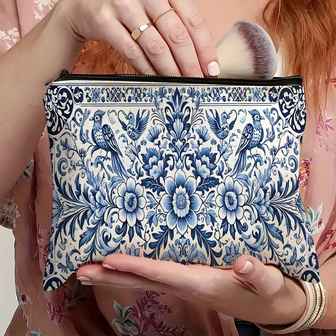 Blue Floral Pattern Makeup Bag with Floral and Bird Motif Design Cosmetic Storage Pouch Portable Toiletry Bag Fashion