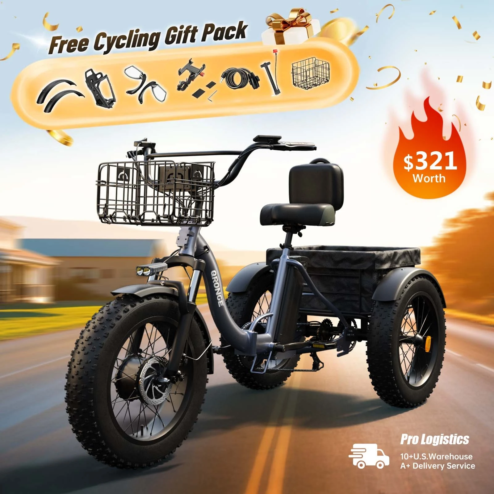 QRONGE Lava Electric Tricycle for Adults 1200W Peak 36V 20AH Battery Ebike 75 Miles Range Max 20MPH 20