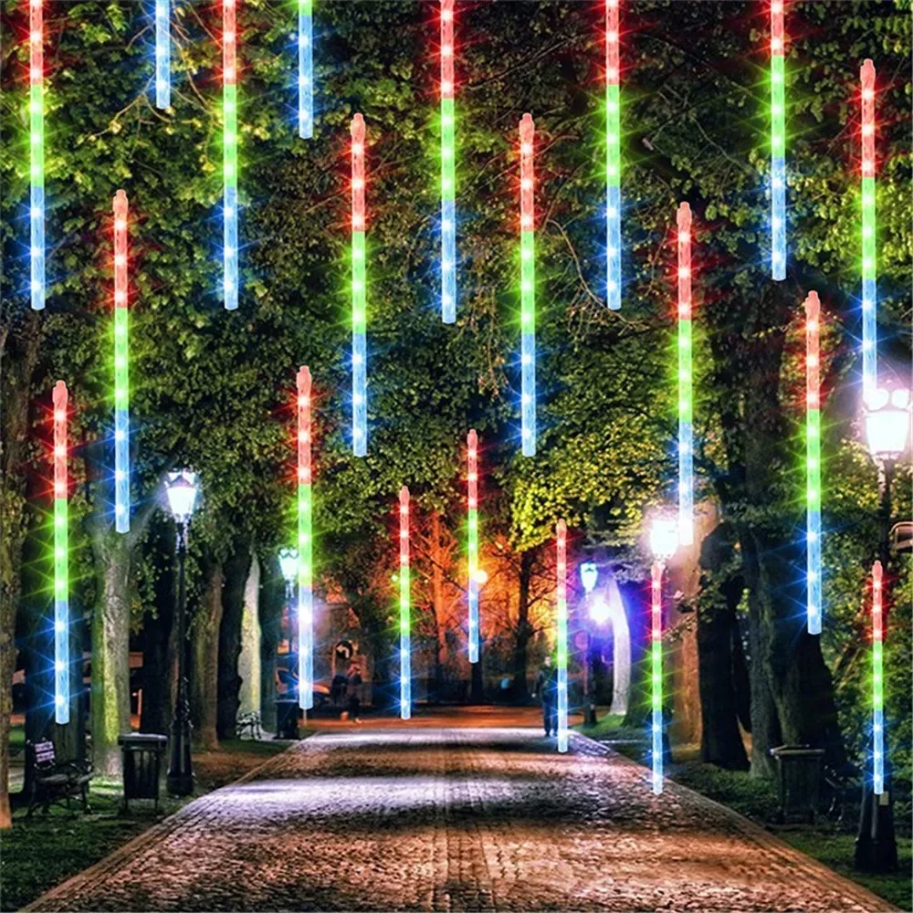 Juego de luces LED de lluvia de meteoritos, tira de luces de hadas que cae, con enchufe europeo y estadounidense, para decoración de Navidad, vacaciones, boda y Halloween, 1/2/3/4 unidades