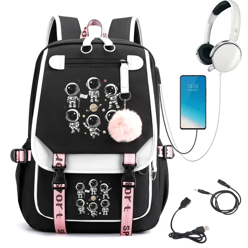 Astronaut Print School Bags para meninas e mulheres, USB Pink Backpack, Laptop Bag, Mochila, Estudante, Adolescentes