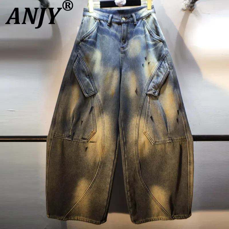 

ANJY 2025 Autumn Winter New Women European Painted Graffiti Fleece Lined Thickened Cargo Straight Jeans Ins Slimming Tide A16341