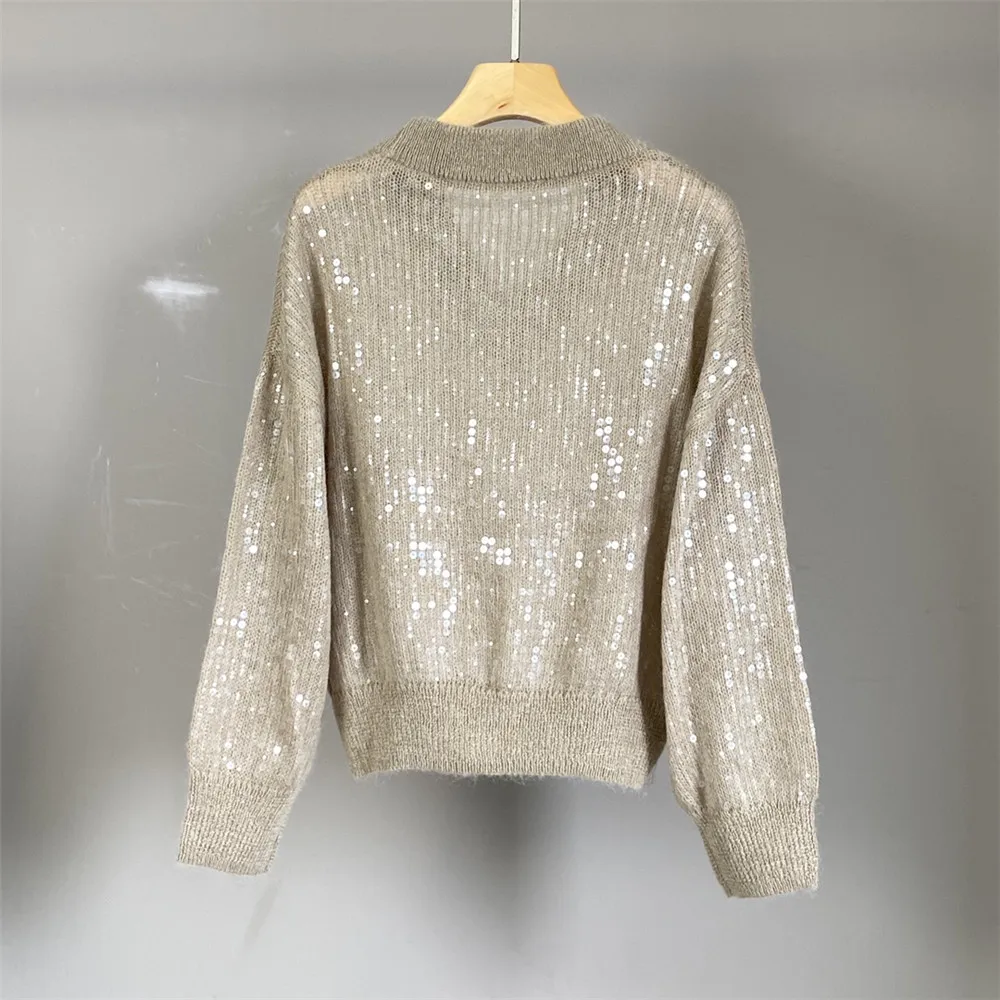 25 Early Autumn New Women's Sequines V-neck Wool Blend fluffy Soft Versatile Top