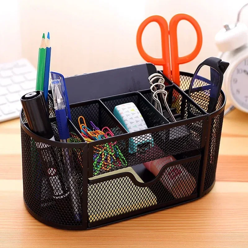 

Pencil Holder 9 Compartments Pen Case Desktop Metal Mesh Stationery Storage Box With Drawer Teacher Supplies Organizer