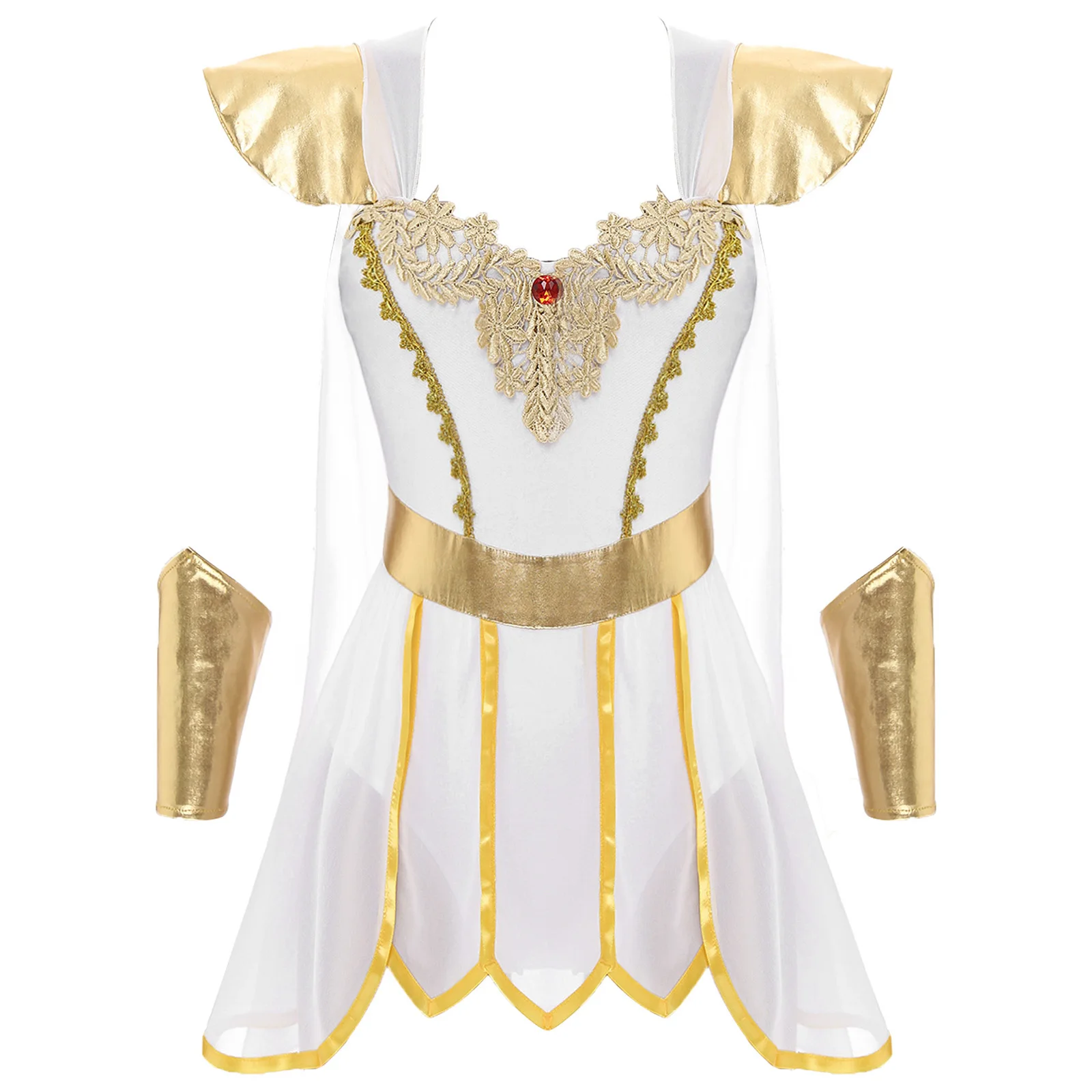 

Womens Athena Roman Knight Ancient Toga Greek Cosplay Costume Mythology Metallic Cape Petal Skirt Princess Dress with Wristbands