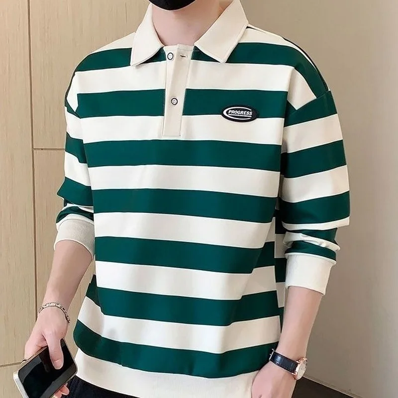 2023 New Spring and Autumn Fashion Brand Ins Fashion Stripe POLO Collar Trend Simple Loose Relaxed Oversize Men's Sweater