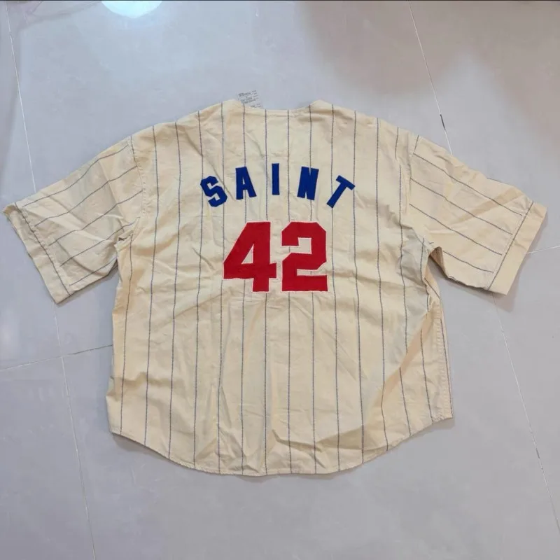 Embroidered Large Letter Saint Short Sleeve Vertical Stripe V-neck Size 42 Baseball Jersey Men Street Single Breasted Cardigan