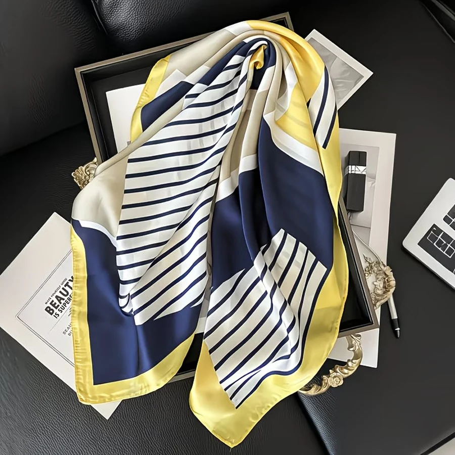 1 Piece of Elegant Navy Blue, White, and Yellow Striped Square Scarf - Breathable Polyester Material, Very Suitable for Use as a Headband, Shawl, and Hair Accessory, Stylish Tie Design, Casual Weekend image 5