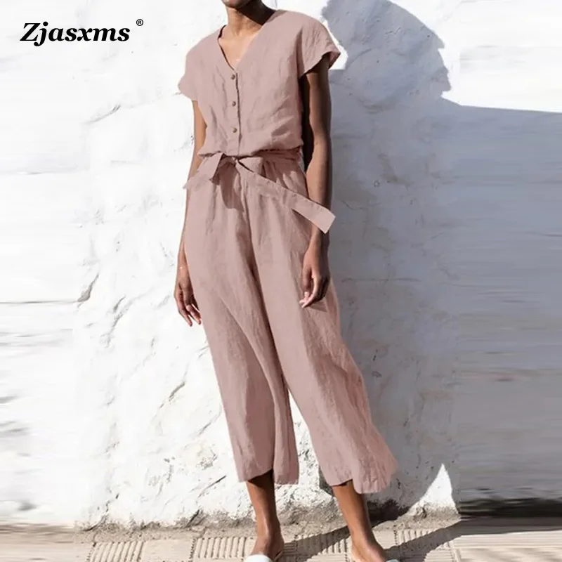 

Cotton linen high waisted V-neck jumpsuit solid straight tube pants casual buttoned tied up short sleeved cropped pants