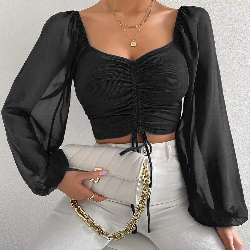 Women  Blouse V-neck Chiffon Long Lantern Sleeve Summer Spring Slim Sheath T-shirt Tops Drawstring Party Street Wear