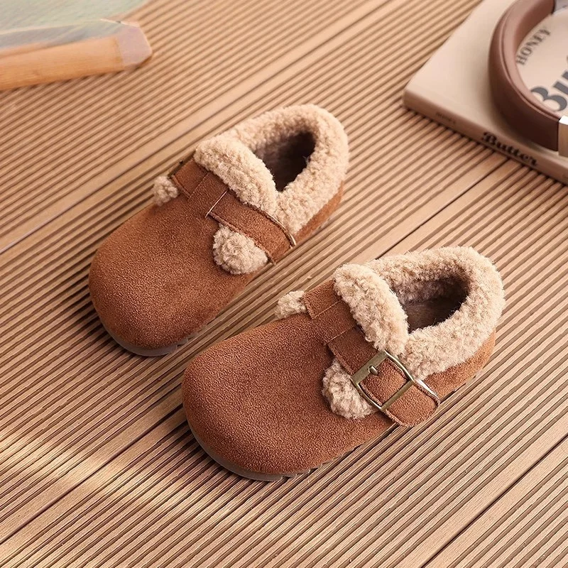 厚みのあるフリース裏地付きビルクフットシューズ女の子用冬暖かいファッショナブルな豪華な綿の靴子供用靴カジュアルマジックテープ閉鎖