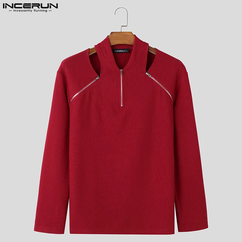 Handsome Well Fitting Tops INCERUN New Men's Knitted Hollow Zipper Design T-shirts Casual Streetwear Solid Long Sleeved Camiseta view 4