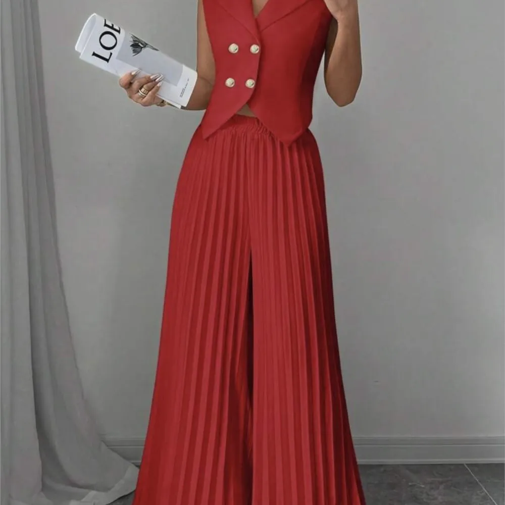 ノースリーブベストとゆったりプリーツパンツのツーピースセット 春夏 レディース新作ファッションパンツセット Conjuntos De Pantalones 신상투피스