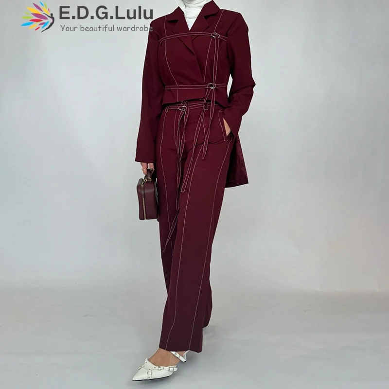 EDGLuLu Women 2 Piece Set Outfit Turn-Down Collar Long Sleeved Irregular Top Jacket+High Waist  Wide Leg Pants Red Suit 1122