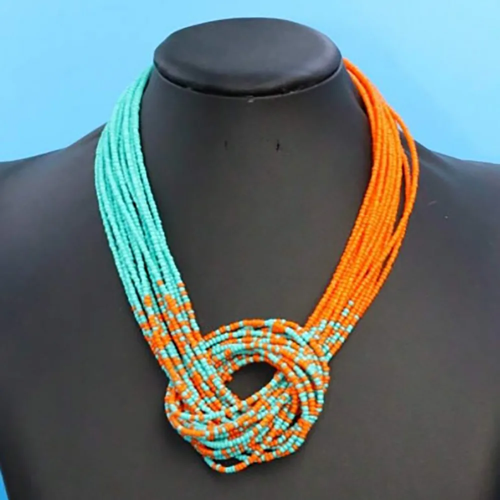 Adjustable Rice Bead Necklace Multi-layer Tie Knot Design Sweater Chain Hand-woven Bohemia Style Multi-layer Necklace