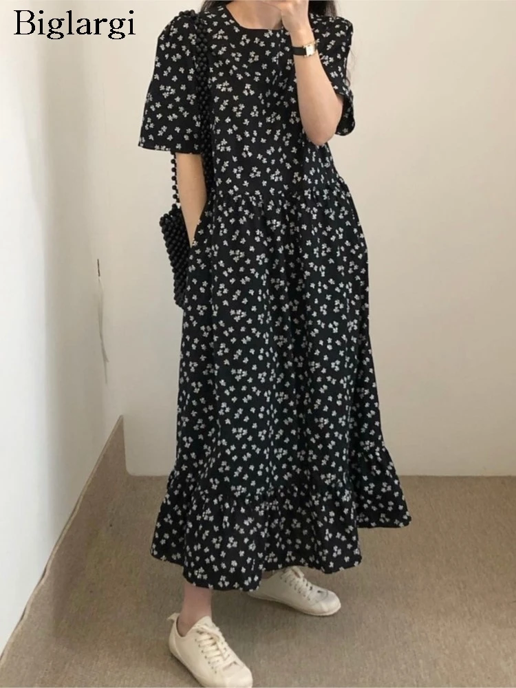 

Summer Dress Women Flower Floral Print Fashion Ladies Long Dresses Korean Style Loose Ruffle Pleated Woman A-Line Dress